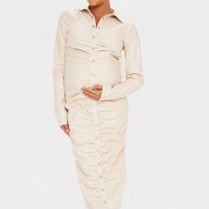 Pretty Little Thing Maternity Stone Ruched Faux Leather Midi Dress Size 4 NWT